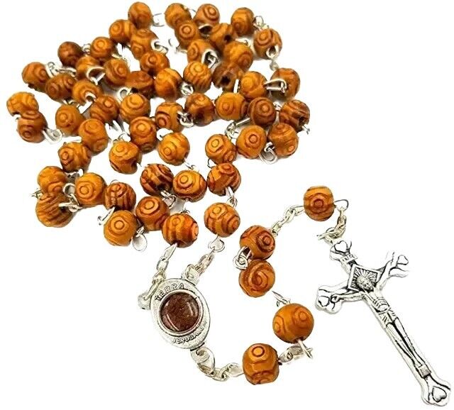 Olive Wood Beads Catholic ROSARY NECKLACE Holy Soil Medal Gift Box Certificate