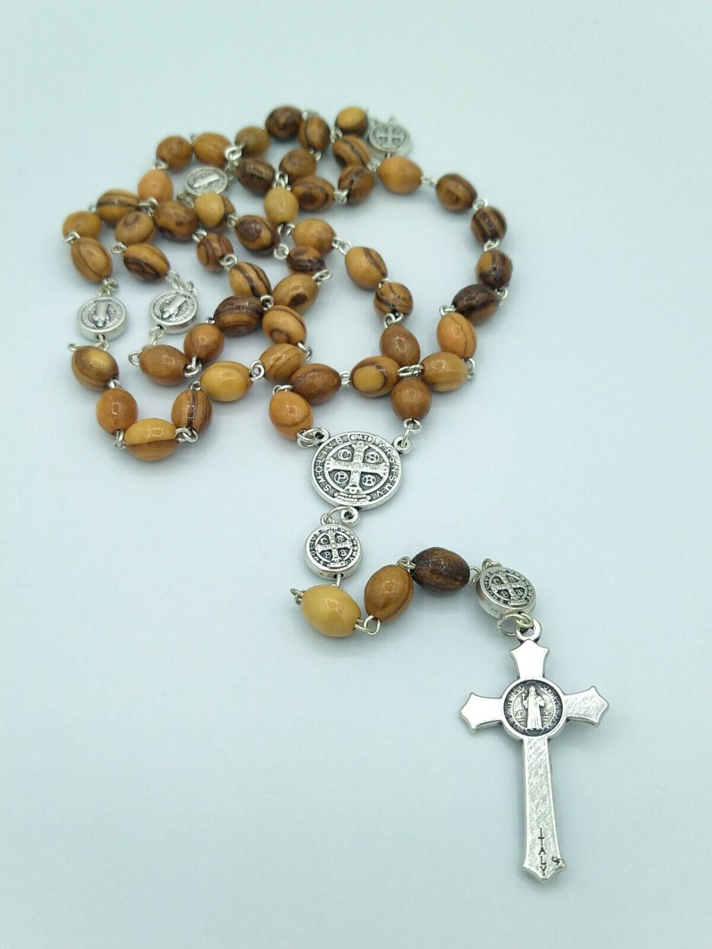 OLIVE WOOD St.Saint Benedict medal Cross Jerusalem Rosary Medalla de San Benito 
