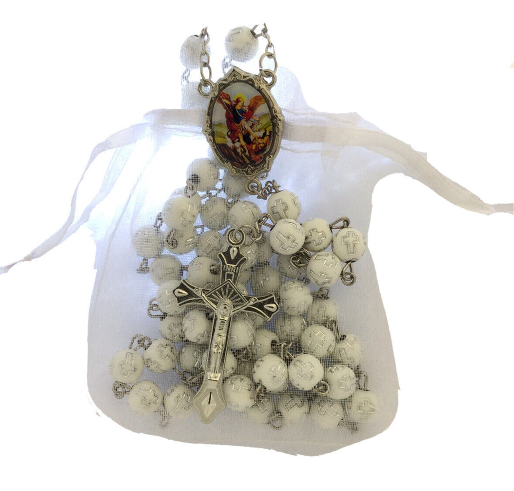 Saint St.Michael Archangel White Rosary San Miguel arcángel Necklace Protection