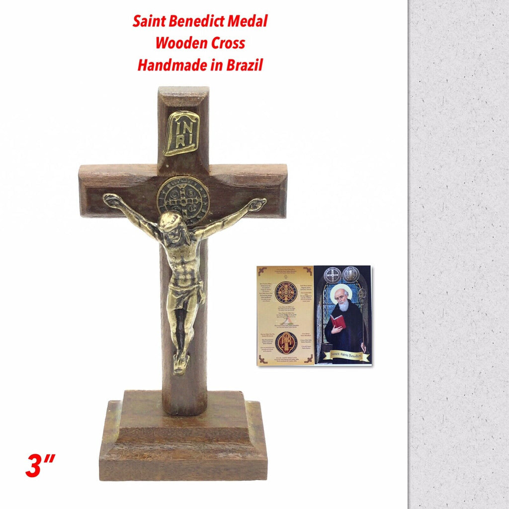 St.Saint Benedict Medal Wood Cross Crucifix Standing Cruz Medalla San Benito 3"