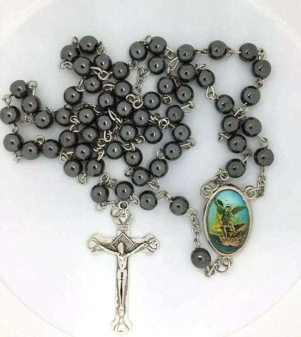 st.saint Michael Archangel Rosary Hematite San Miguel arcángel Necklace  Jesus
