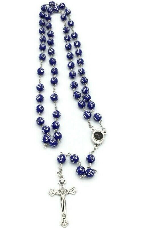 Catholic Blue Rosary Beads Decorated Crucifixion  Holy Soil from Jerusalem Cruz