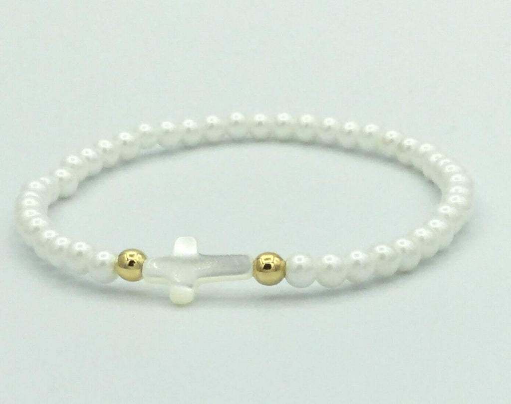 Simulated white Pearl Sideways Religious Christian Cross Stretch Bracelet Cruz