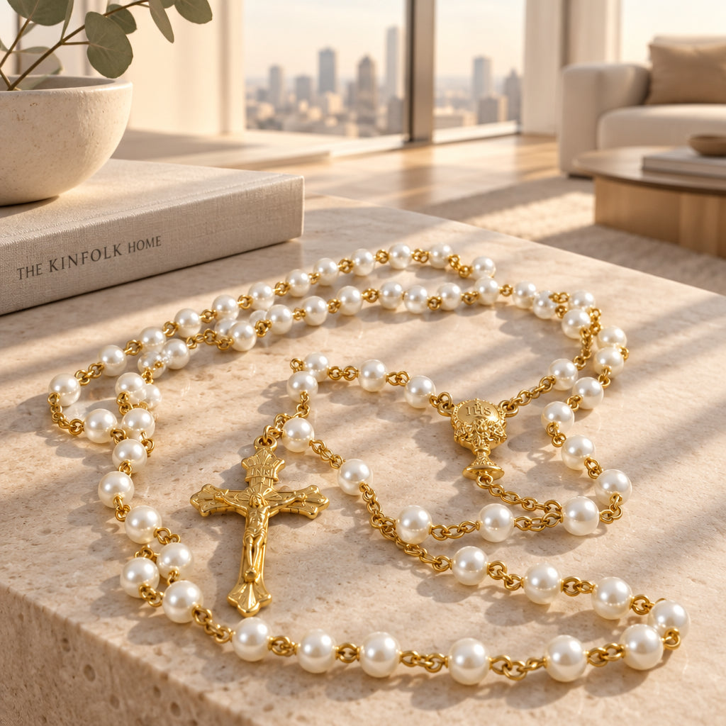 Primera comunión Rosario blanco/First Communion White pearl Rosary 