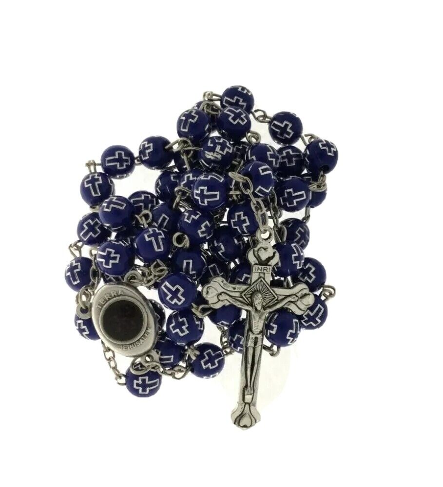 Catholic Blue Rosary Beads Decorated Crucifixion  Holy Soil from Jerusalem Cruz