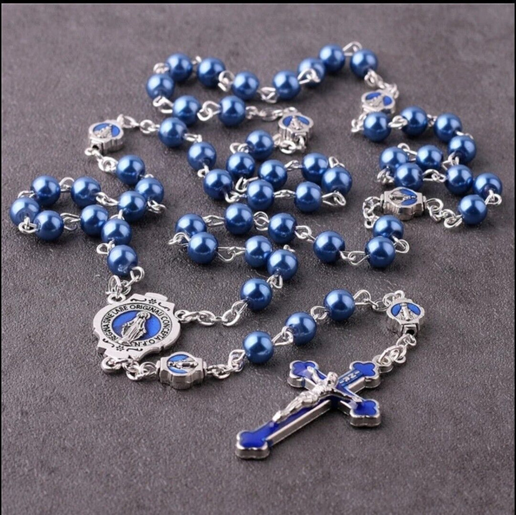 Catholic Blue Faux Pearl Glass Rosary Blue Enamel Crucifix Pater Bead Miraculous