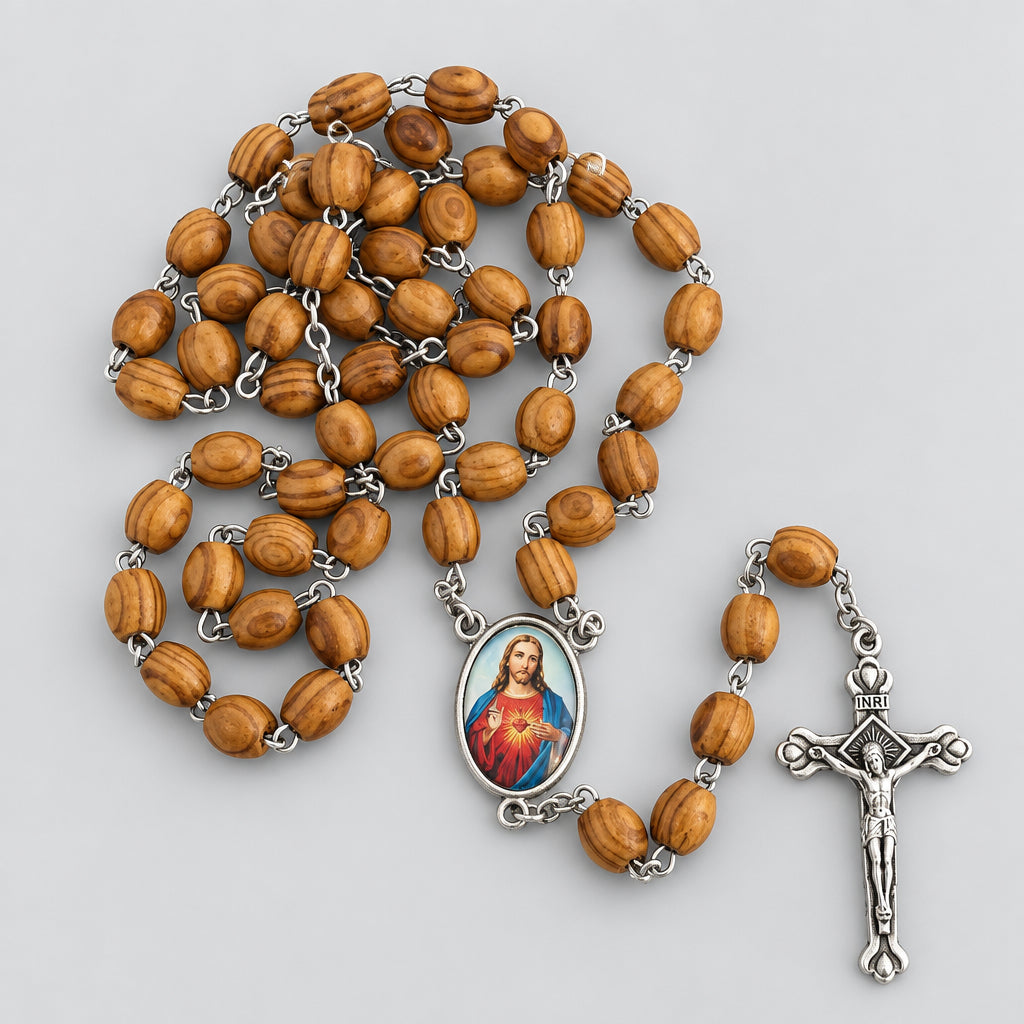 Olive wood Jerusalem Rosary Necklace Catholic Jesus Corazon de jesus Rosario. 