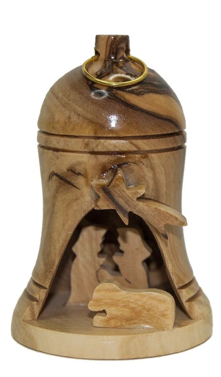 Carved Handmade Wooden Bell Christmas Ornament Nativity Scene Holy Land 3.5"