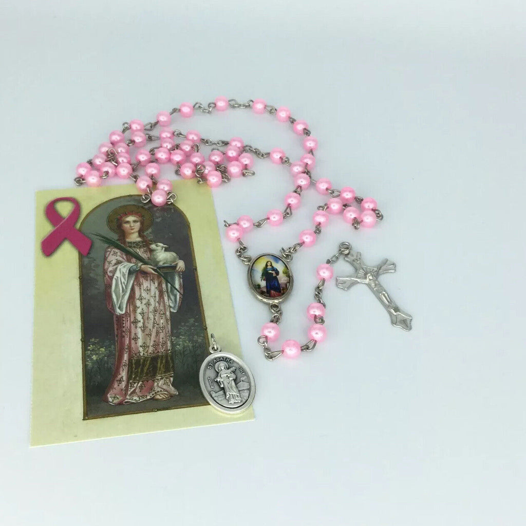 CATHOLIC RELIGIOUS  ST SAINT AGATHA Pink ROSARY Medal FOR BREAST CANCER