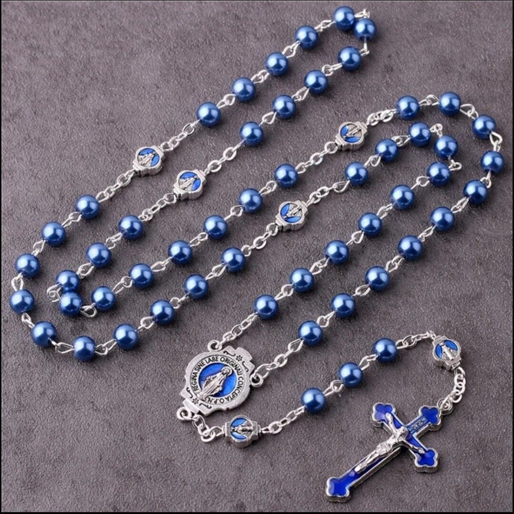 Catholic Blue Faux Pearl Glass Rosary Blue Enamel Crucifix Pater Bead Miraculous