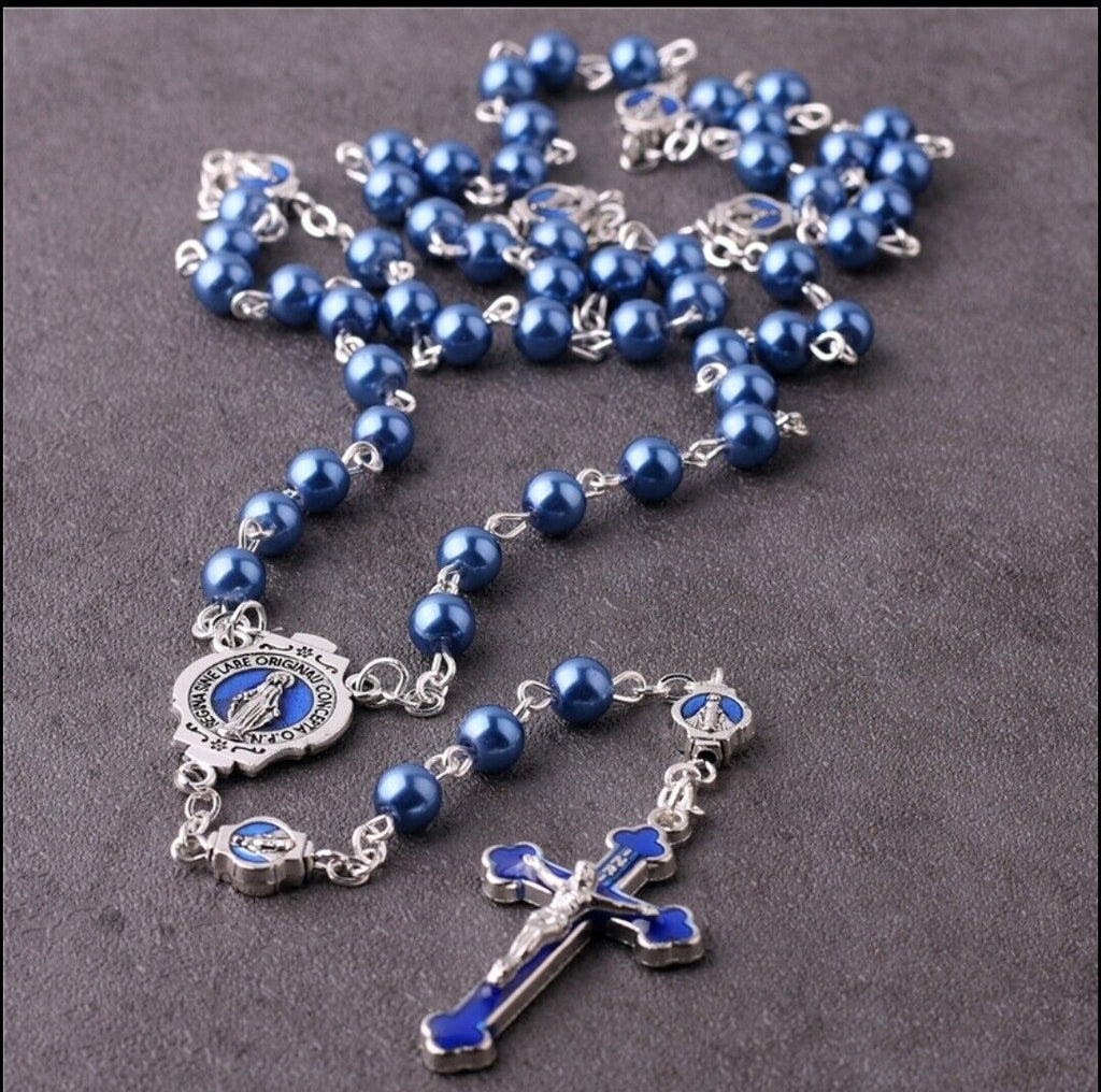Catholic Blue Faux Pearl Glass Rosary Blue Enamel Crucifix Pater Bead Miraculous