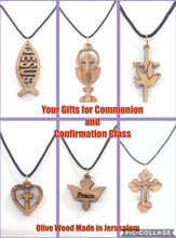 6 Ichthy Fish Cut Out Pendant Necklace olive Wood Jerusalem cross on black Cord 