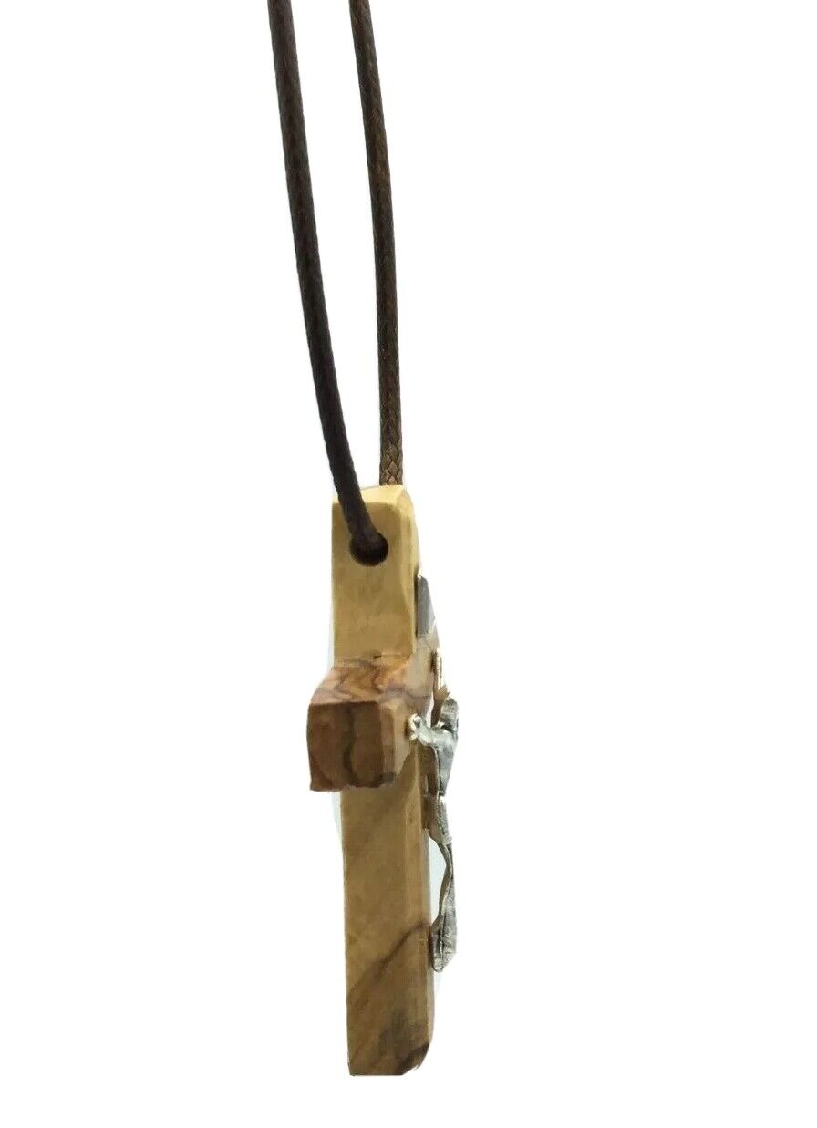 Wood Olive Cross Crucifix Pendant Necklace Made in Holy Land Bethlehem Jerusalem