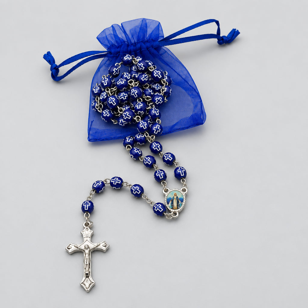 Catholic Rosary Necklace Blue Virgin Mary of Grace Virgen Milagrosa CROSS Jesus