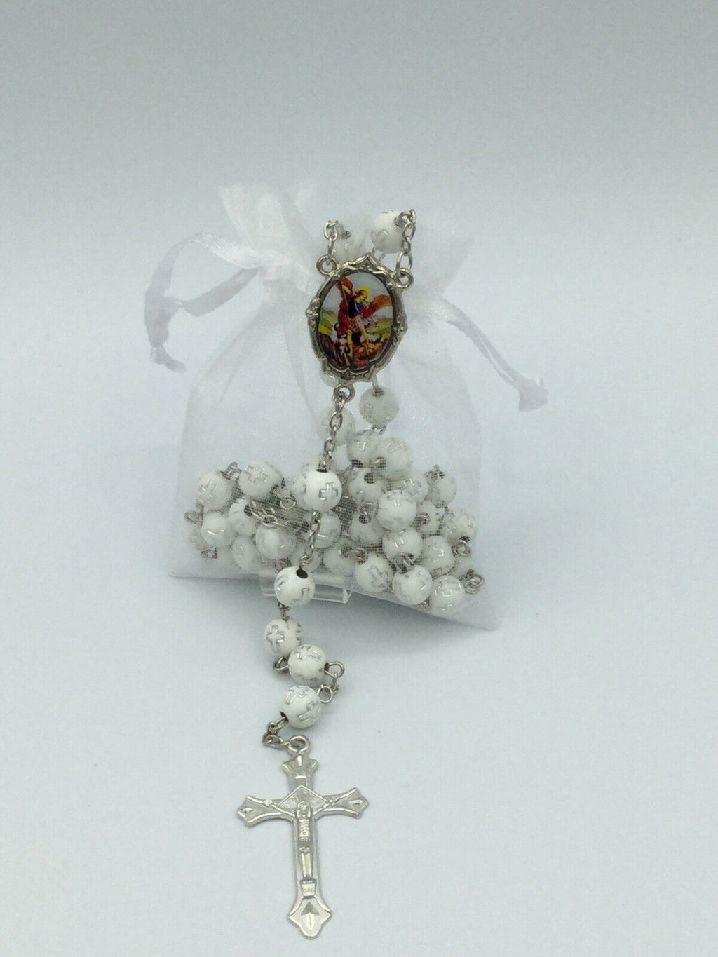 Saint St.Michael Archangel White Rosary San Miguel arcángel Necklace Protection