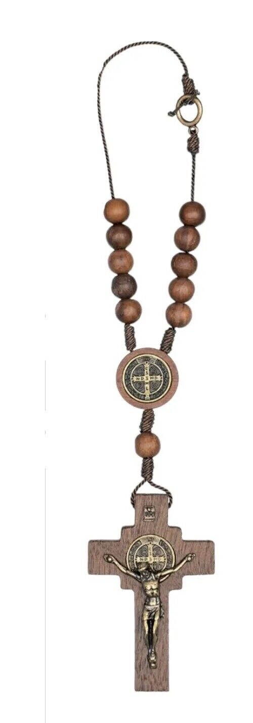 Car Auto Rosary Beads St Benedict brown Wood Catholic Cord Rear View Mirror Cruz