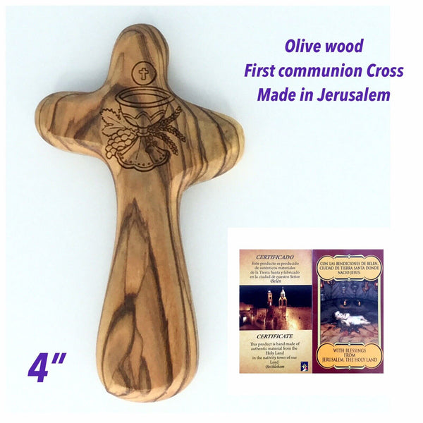 Olive Wood Holding Comfort Cross engraved First Holy Communion Favor Jerusalem