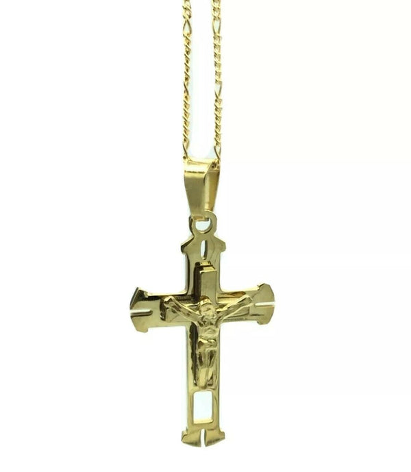 14k Yellow Gold Plated Jesus Cross Religious Pendant 19" Chain Necklace Cruz