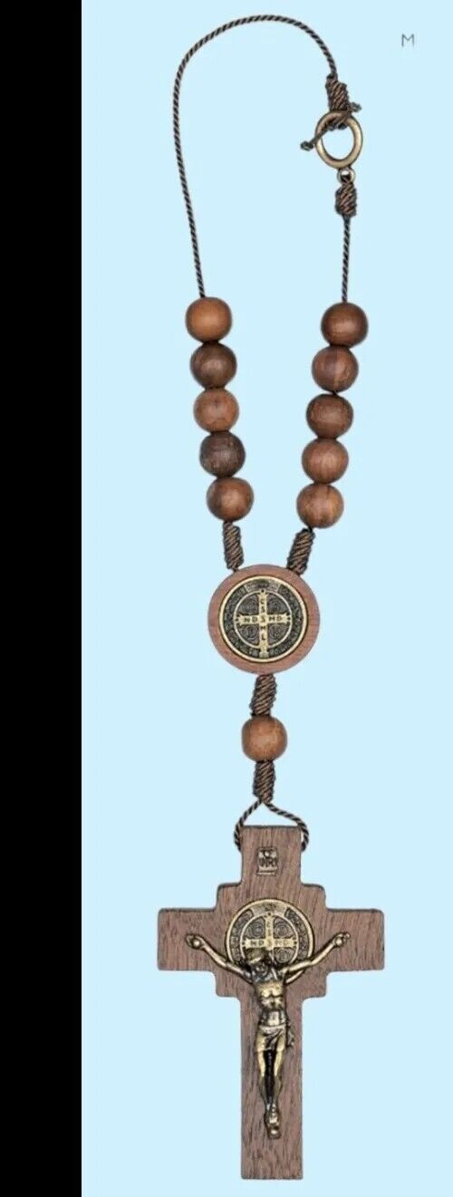 Car Auto Rosary Beads St Benedict brown Wood Catholic Cord Rear View Mirror Cruz