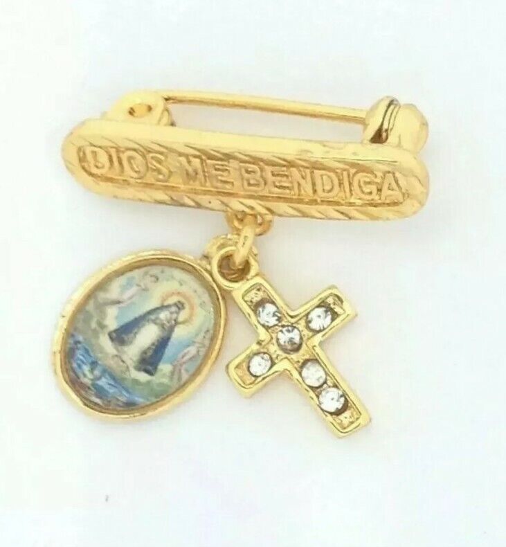 14k Gold Plated Caridad Del Cobre Newborn Baby Pin Dios Me Bendiga Luis Beltrán