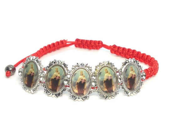 12 X Silver Tone Our Lady of Mount Carmel red cord adjustable Bracelet Bulk rate