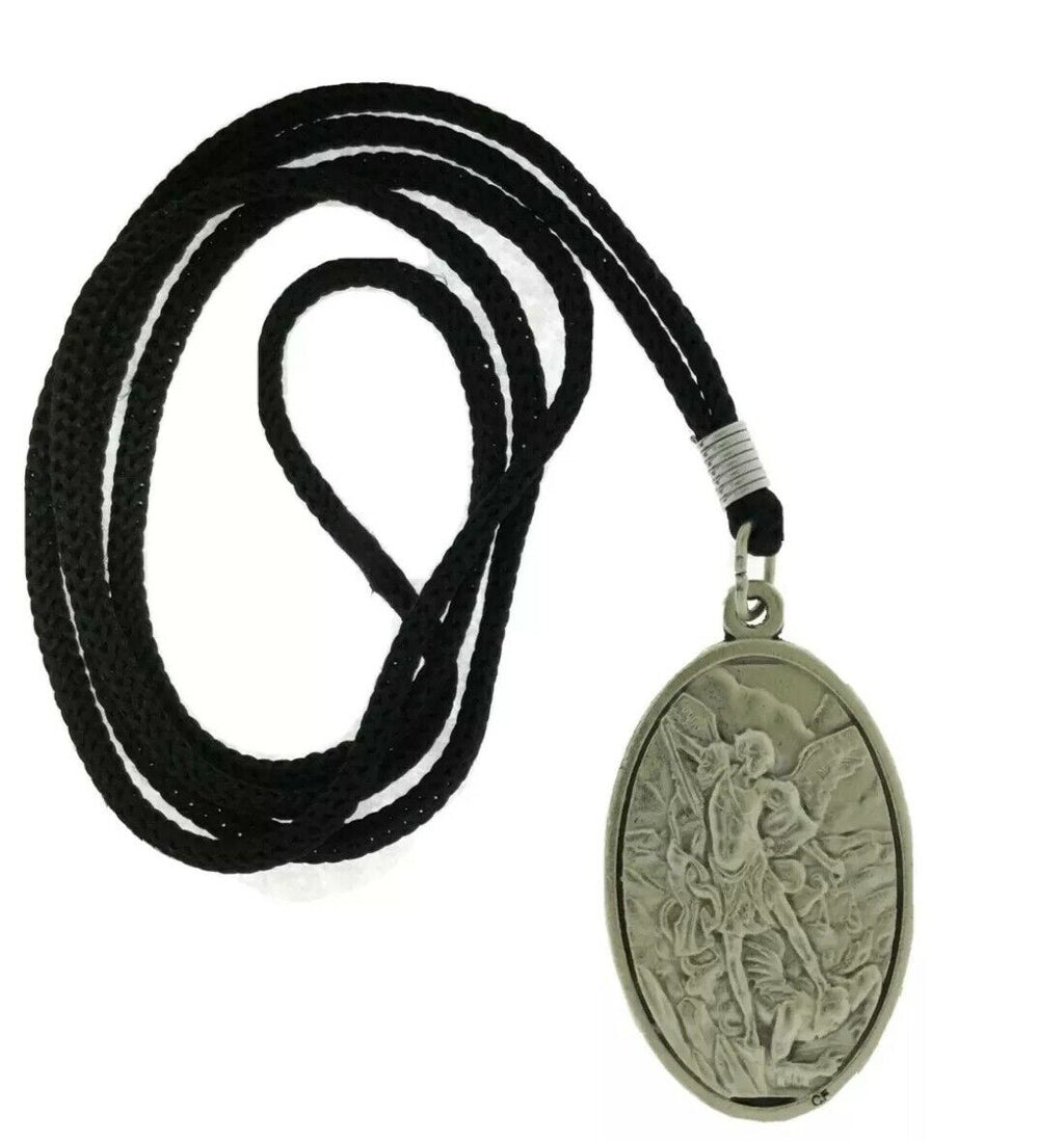  1 3/4" Saint Michael Medal Guardian Angel Pendant Necklace Black Cord Italy 
