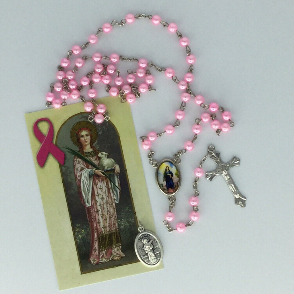 CATHOLIC RELIGIOUS  ST SAINT AGATHA Pink ROSARY Medal FOR BREAST CANCER