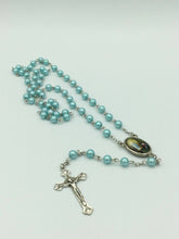 Catholic Blue Pearl Beads Rosary Necklace Our Lady of Lourdes Medal Cross Jesus 