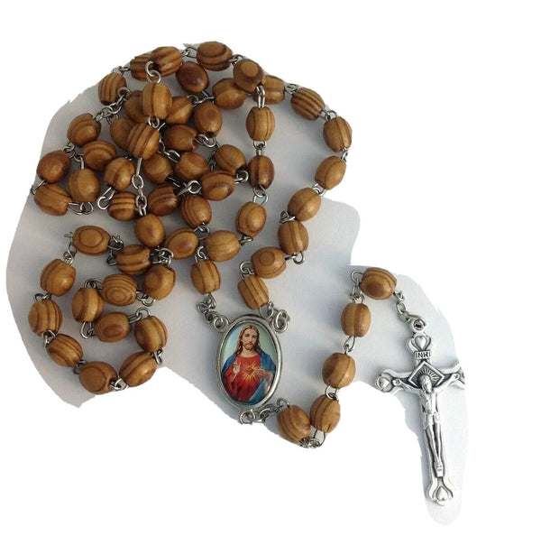 Olive wood Jerusalem Rosary Necklace Catholic Jesus Corazon de jesus Rosario. 