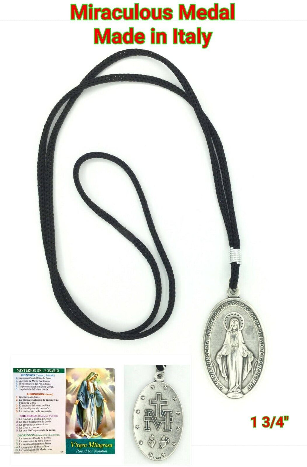  1 3/4"  Miraculous Medal Virgin Mary Pendant Necklace Cord Italy Milagrousa