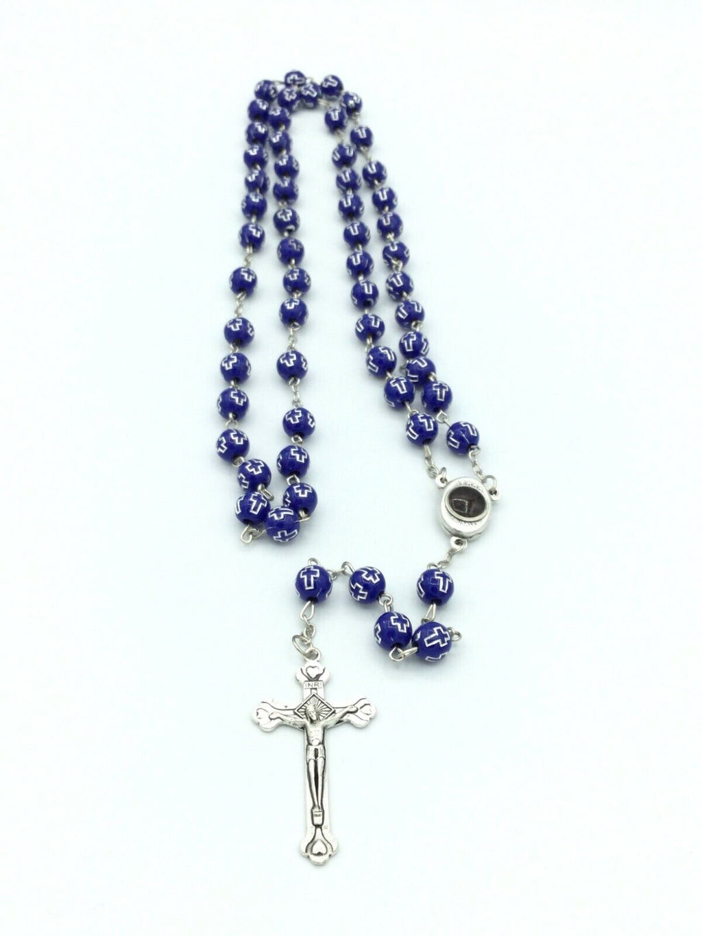 Catholic Blue Rosary Beads Decorated Crucifixion  Holy Soil from Jerusalem Cruz