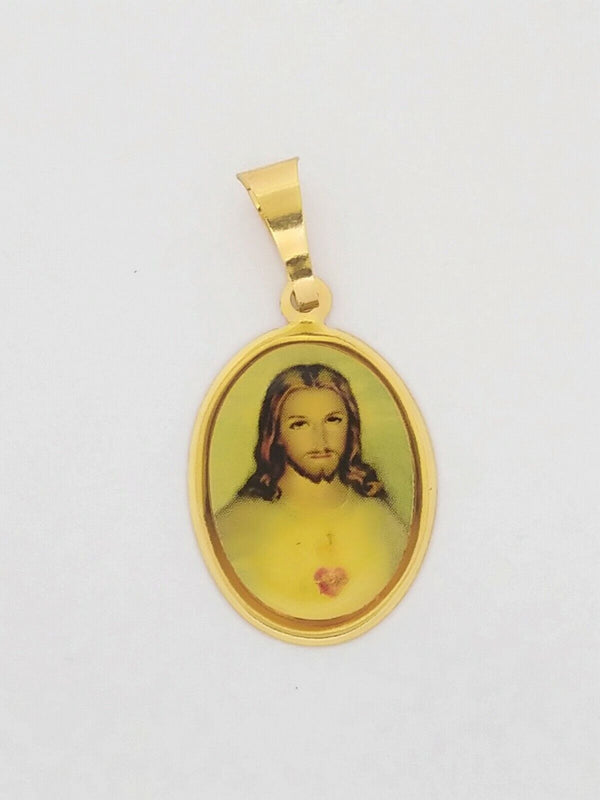Sacred Heart of Jesus Medal Sagrado Corazon de Jesus 14k Gold Plated Necklace