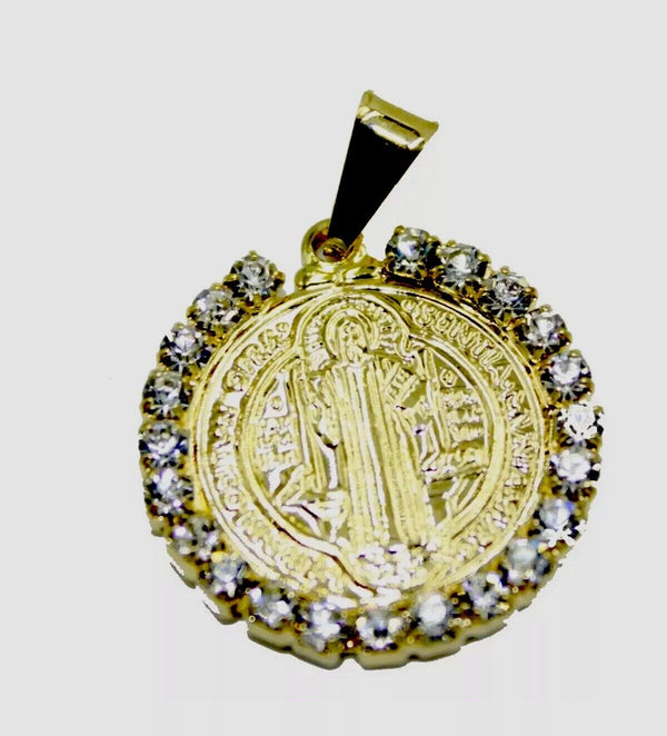 San Benito Round Medal with Rhinestone and 20 inch Chain - St Benedict Necklace