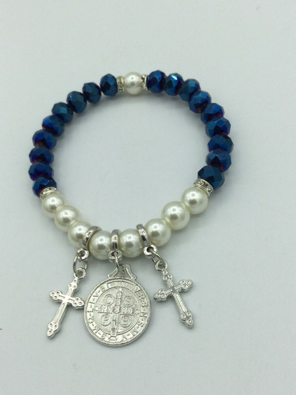 Saint St.Benedict Medal Bracelet 7mm Blue Glass Simulated Pearl Beads Cross 