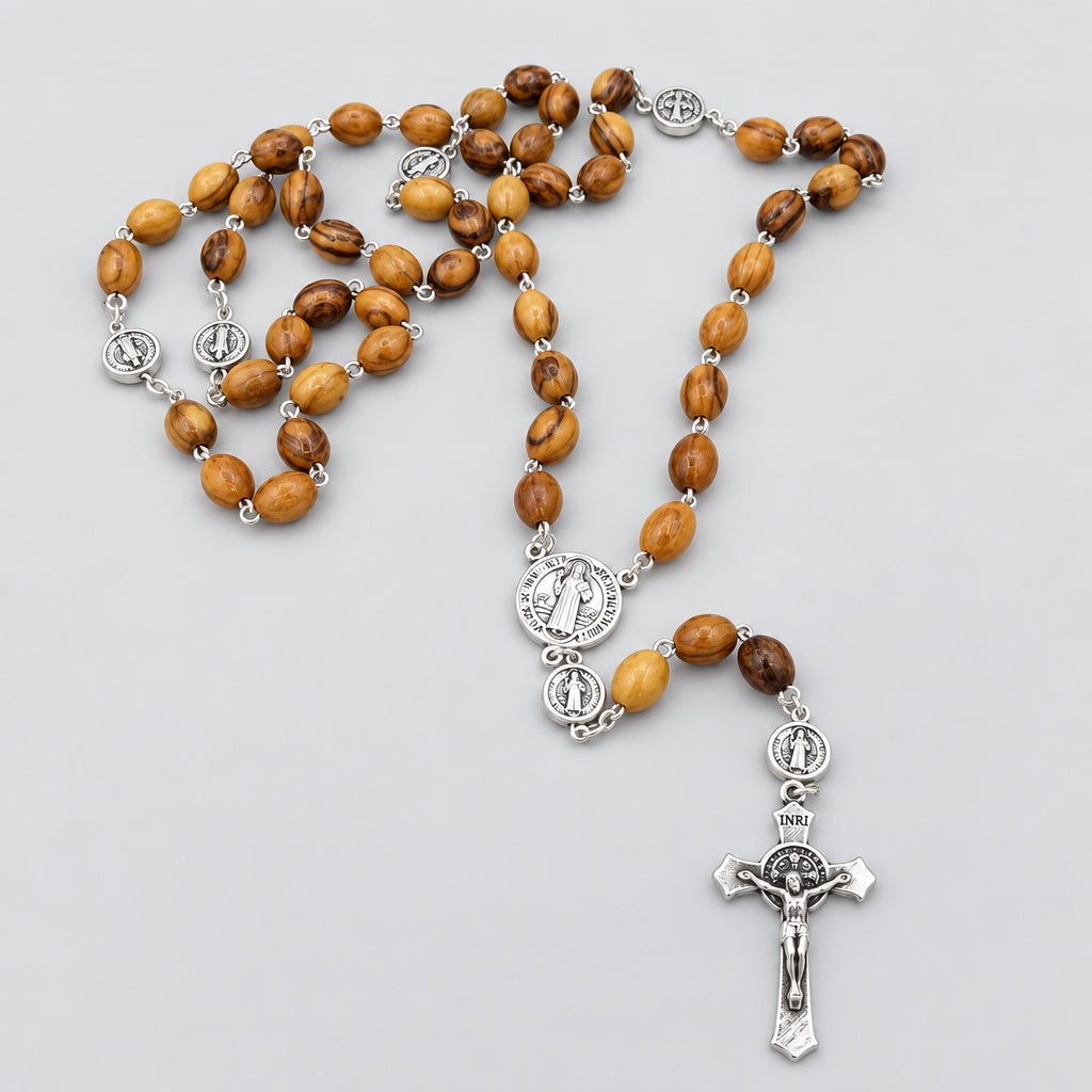 OLIVE WOOD St.Saint Benedict medal Cross Jerusalem Rosary Medalla de San Benito 