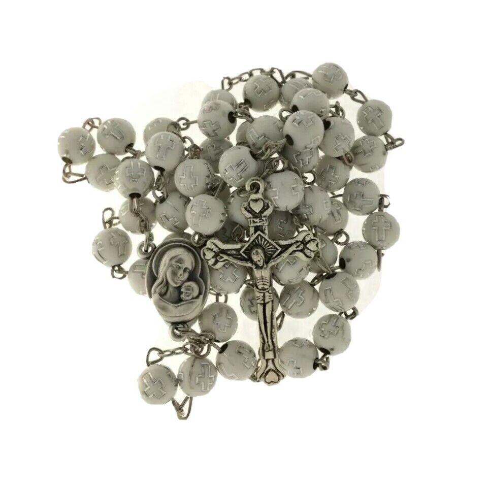 Catholic White Rosary Beads Decorated Crucifixion  Holy Soil from Jerusalem Cruz