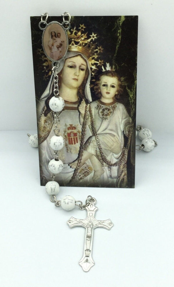 VIRGIN DE LA MERCEDES ROSARIO Lady Of Mercy Catholic White ROSARY Necklace Mary