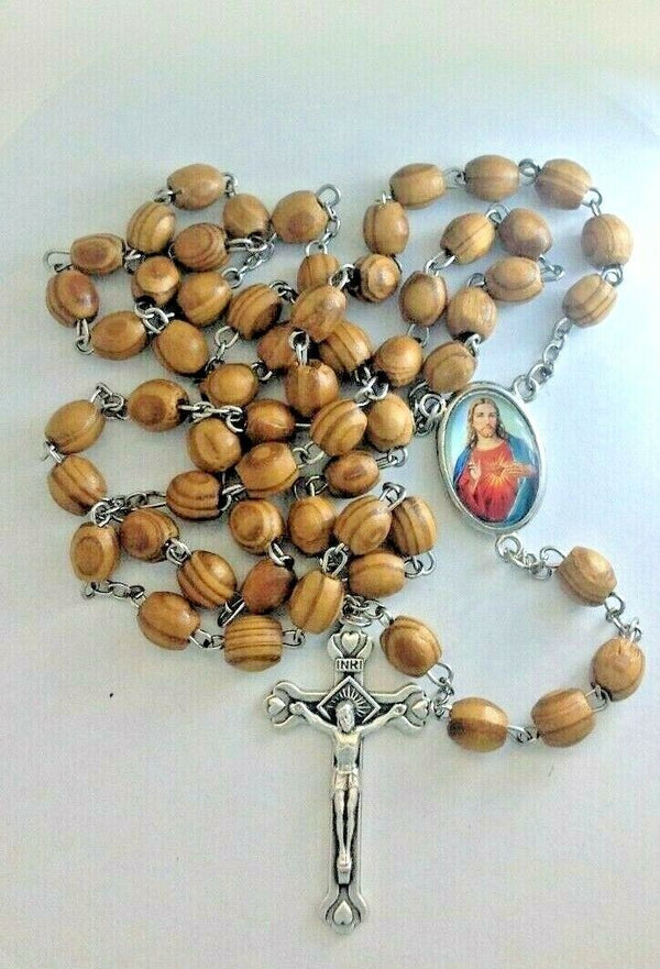 Heart Jesus olive Wood Rosary Sacred Beads JERUSALEM Necklace Oval Catholic Mary