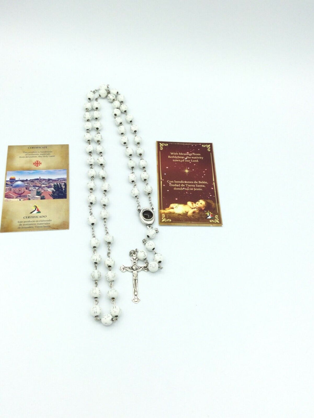 Catholic White Rosary Beads Decorated Crucifixion  Holy Soil from Jerusalem Cruz