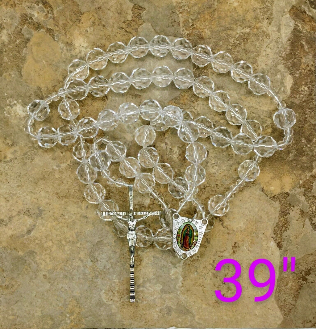 Large Crystal Clear Rosary Beads Necklace Wall Hanging Jerusalem Cross Jesus 39"