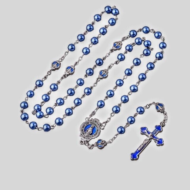 Catholic Blue Faux Pearl Glass Rosary Blue Enamel Crucifix Pater Bead Miraculous
