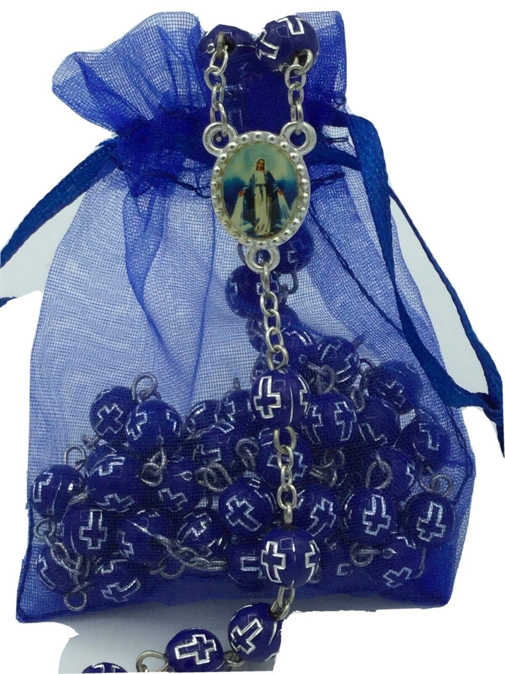 Catholic Rosary Necklace Blue Virgin Mary of Grace Virgen Milagrosa CROSS Jesus