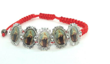 Silver Tone Our Lady of Mount Carmel Medal red cord adjustable Bracelet Virgen 