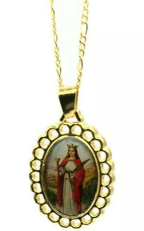 Saint Barbara Santa Barbara Chango Oval Medal Gold Plated Pendant Necklace Chain