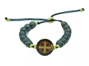 Black Beads St Benedict Bracelet, Catholic Saint Medal Adjustable San Benito Cru