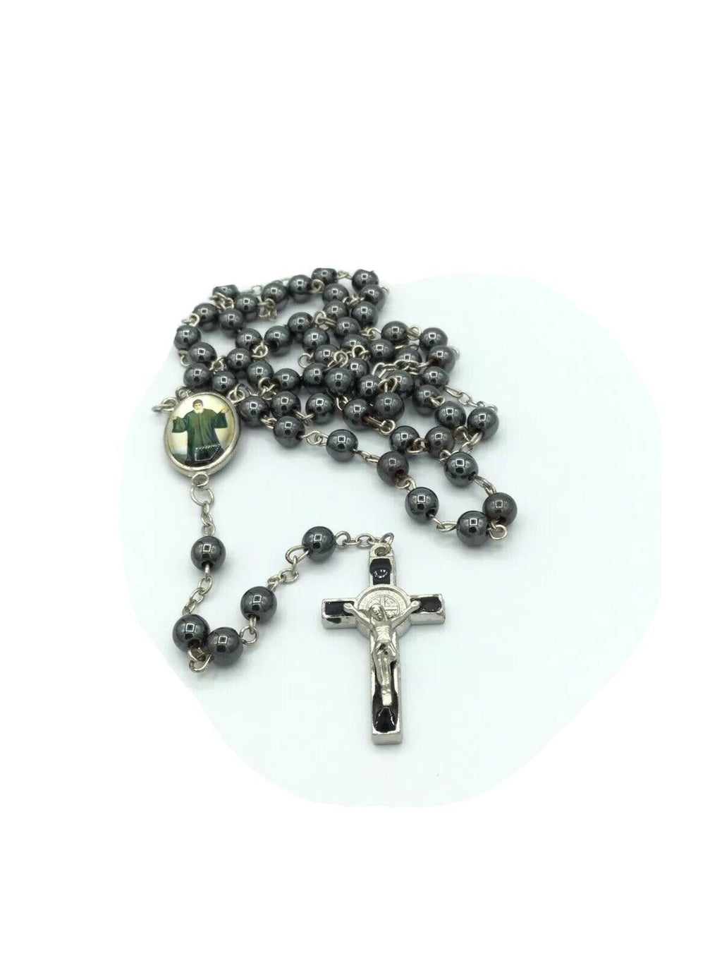 Black Hematite Beads Saint Charbel CATHOLIC ROSARY NECKLACE Saint Benedict Cross