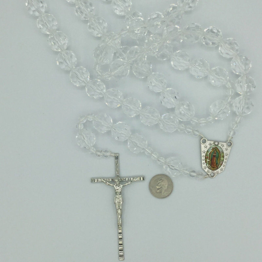 Large Crystal Clear Rosary Beads Necklace Wall Hanging Jerusalem Cross Jesus 39"