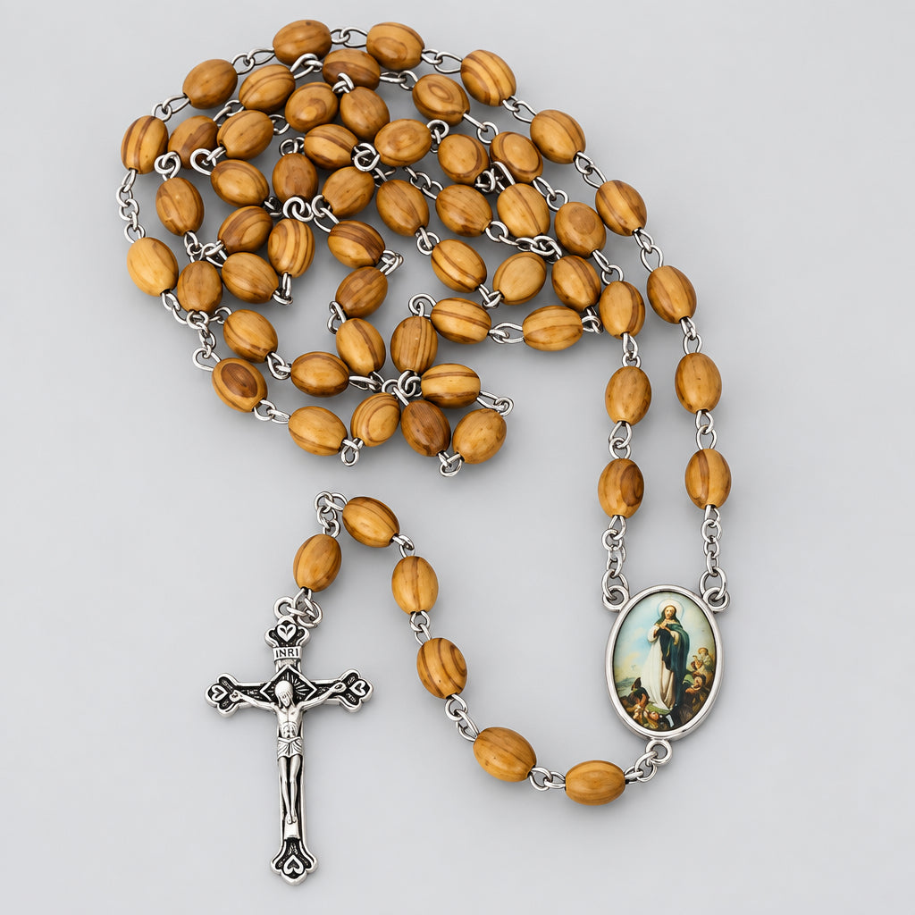 Olive Wood Rosary Beads JERUSALEM Necklace Oval Catholic Immaculate Mary Jesus