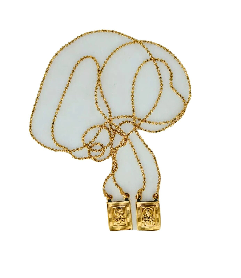 14k Gold Plated Our Lady Mt Carmel & Sacred Heart Jesus  Scapular Necklace 