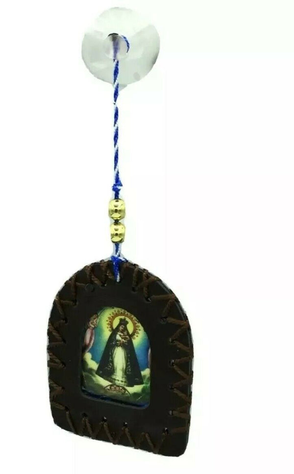 Saint Christopher Jesus Caridad del Cobre / Brown Leather Car Hanging Ornament 